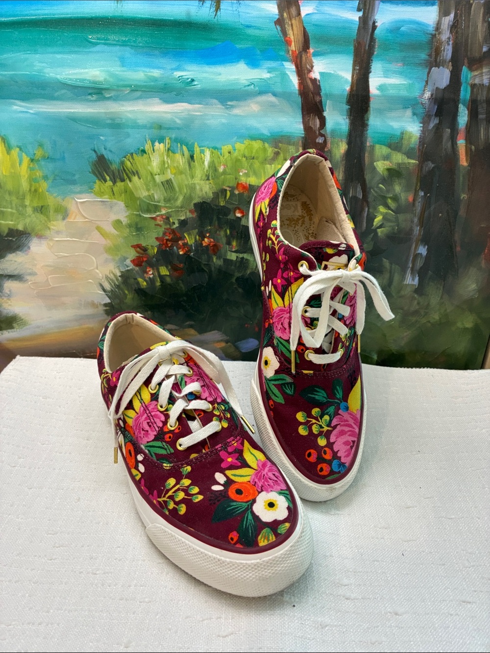 Keds Rifle Paper Co. Floral Lace-Up Canvas Sneakers in Burgundy